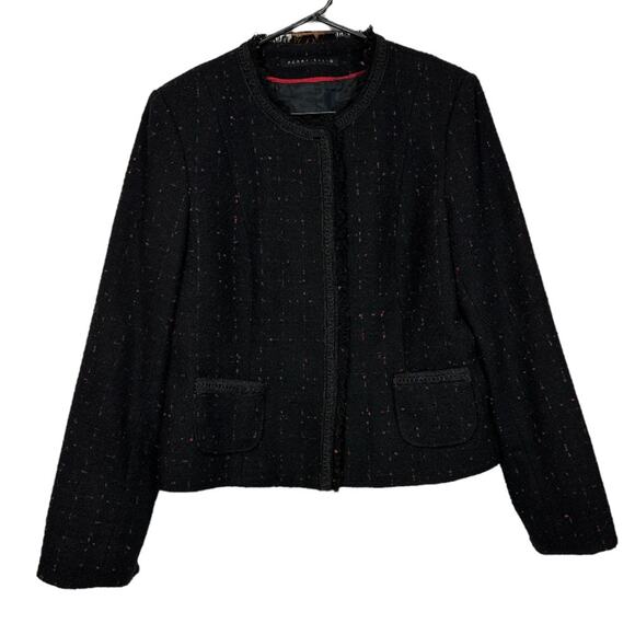 Perry Ellis Wool Blend Black & Pink Fringe Long Sleeve Blazer‎ Size 14 - Picture 1 of 14